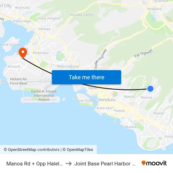 Manoa Rd + Opp Halelani Dr to Joint Base Pearl Harbor Hickam map