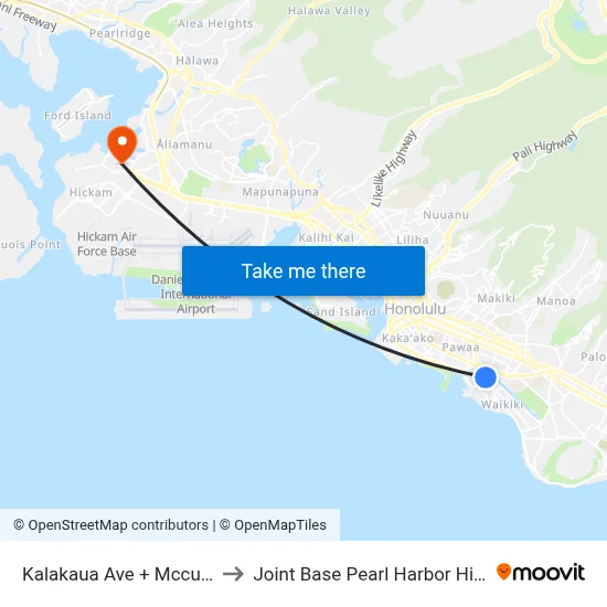 Kalakaua Ave + Mccully St to Joint Base Pearl Harbor Hickam map