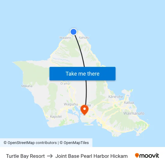 Turtle Bay Resort to Joint Base Pearl Harbor Hickam map