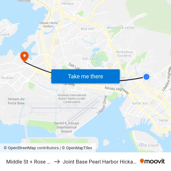 Middle St + Rose St to Joint Base Pearl Harbor Hickam map