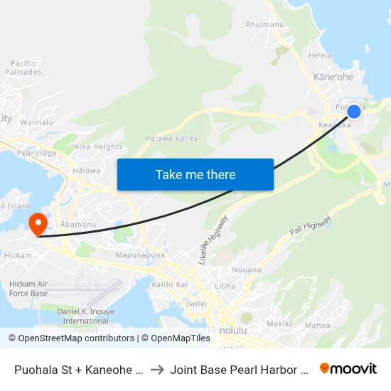 Puohala St + Kaneohe Bay Dr to Joint Base Pearl Harbor Hickam map