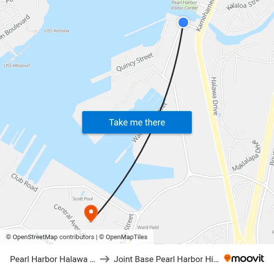 Pearl Harbor Halawa Gate to Joint Base Pearl Harbor Hickam map