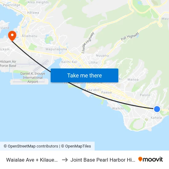 Waialae Ave + Kilauea Ave to Joint Base Pearl Harbor Hickam map