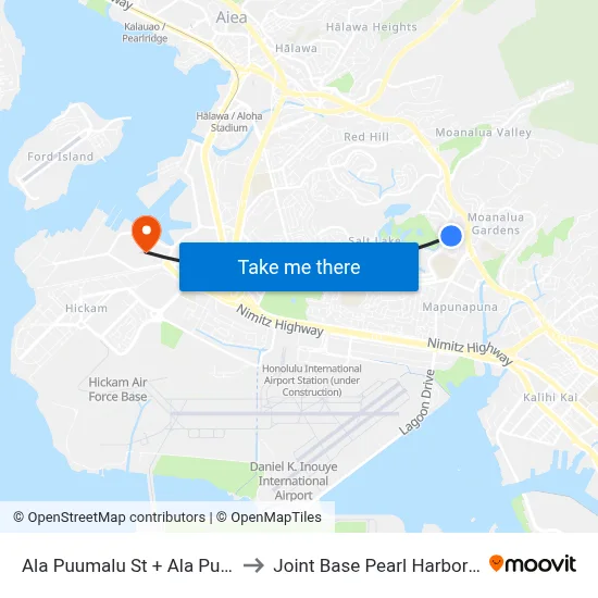 Ala Puumalu St + Ala Puumalu Pl to Joint Base Pearl Harbor Hickam map