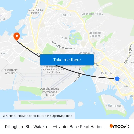 Dillingham Bl + Waiakamilo Rd to Joint Base Pearl Harbor Hickam map