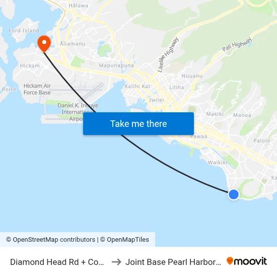 Diamond Head Rd + Coconut Rd to Joint Base Pearl Harbor Hickam map