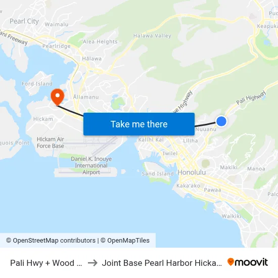 Pali Hwy + Wood St to Joint Base Pearl Harbor Hickam map