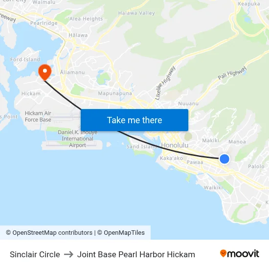 Sinclair Circle to Joint Base Pearl Harbor Hickam map