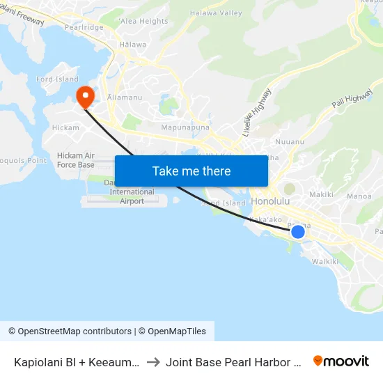 Kapiolani Bl + Keeaumoku St to Joint Base Pearl Harbor Hickam map