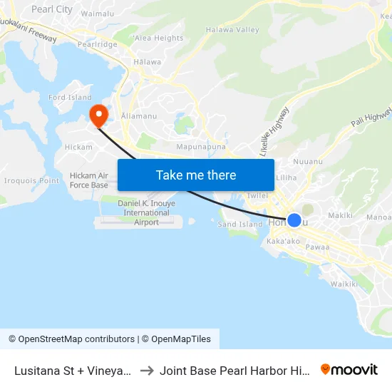 Lusitana St + Vineyard Bl to Joint Base Pearl Harbor Hickam map