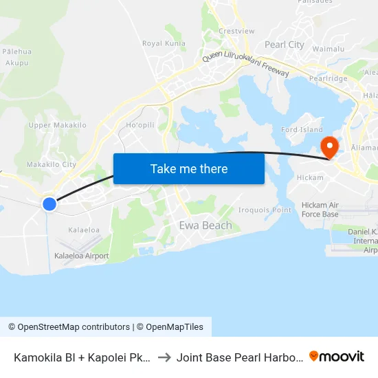 Kamokila Bl + Kapolei Pkwy (West) to Joint Base Pearl Harbor Hickam map