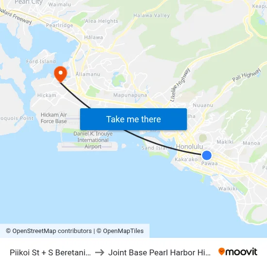 Piikoi St + S Beretania St to Joint Base Pearl Harbor Hickam map