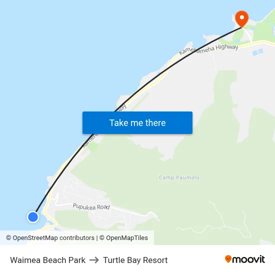Waimea Beach Park to Turtle Bay Resort map
