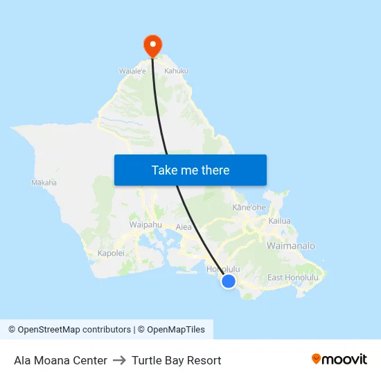 Ala Moana Center to Turtle Bay Resort map