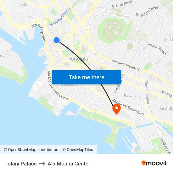 Iolani Palace to Ala Moana Center map