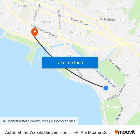 Aston at the Waikiki Banyan Honolulu to Ala Moana Center map