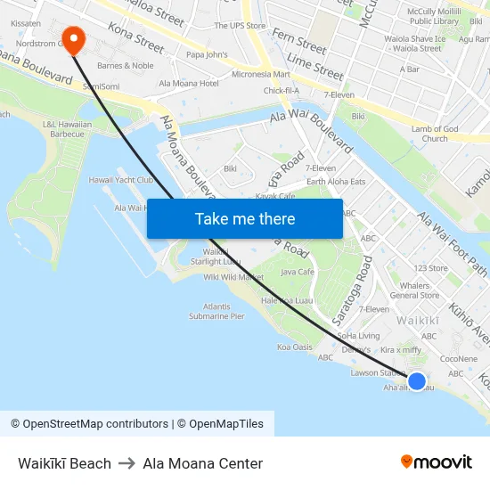 Waikīkī Beach to Ala Moana Center map