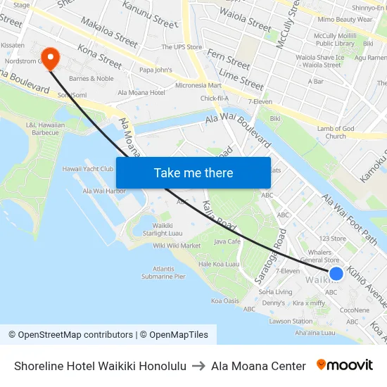 Shoreline Hotel Waikiki Honolulu to Ala Moana Center map