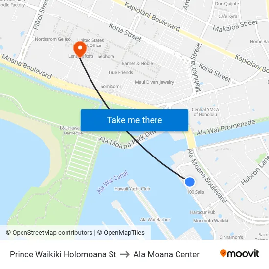 Prince Waikiki Holomoana St to Ala Moana Center map