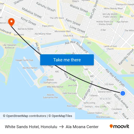 White Sands Hotel, Honolulu to Ala Moana Center map