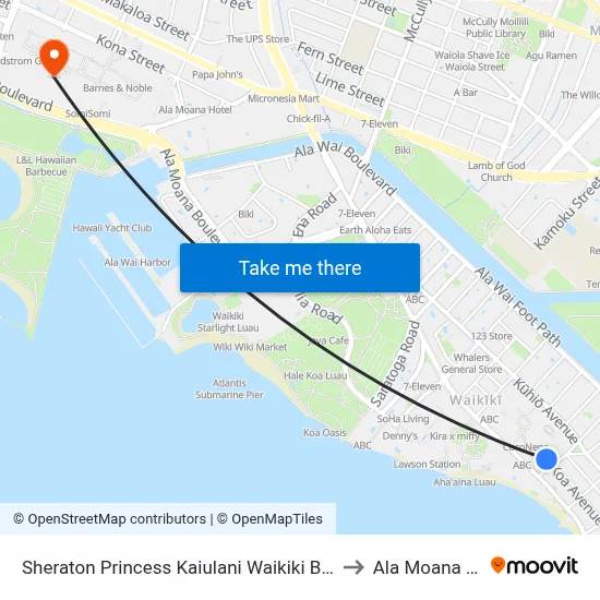 Sheraton Princess Kaiulani Waikiki Beach, Honolulu to Ala Moana Center map