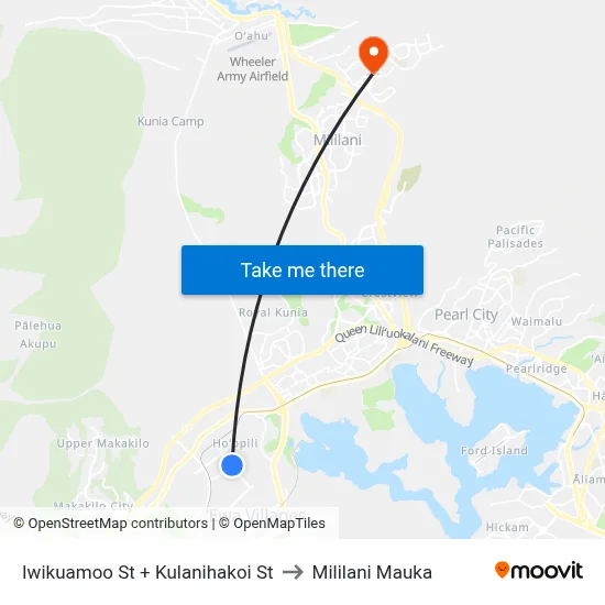 Iwikuamoo St + Kulanihakoi St to Mililani Mauka map