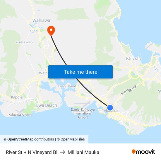 River St + N Vineyard Bl to Mililani Mauka map