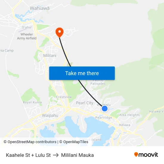 Kaahele St + Lulu St to Mililani Mauka map
