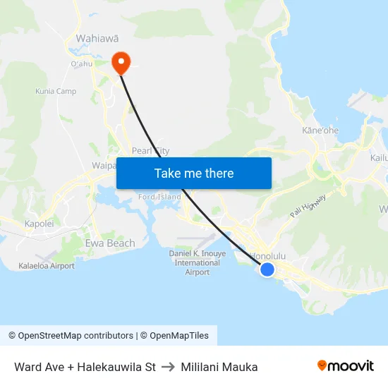 Ward Ave + Halekauwila St to Mililani Mauka map