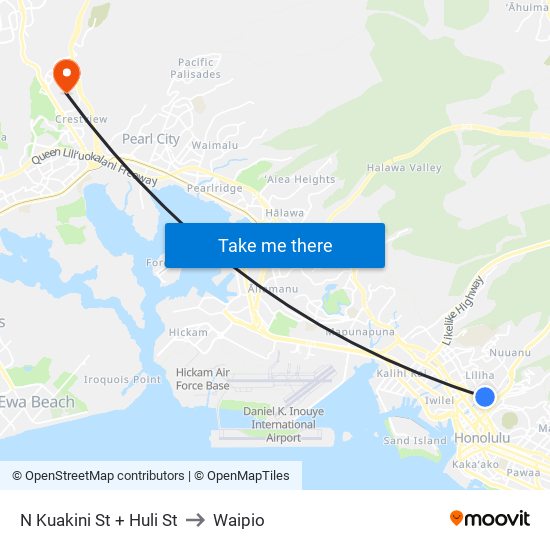 N Kuakini St + Huli St to Waipio map