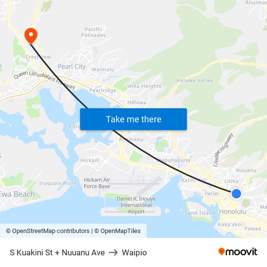 S Kuakini St + Nuuanu Ave to Waipio map