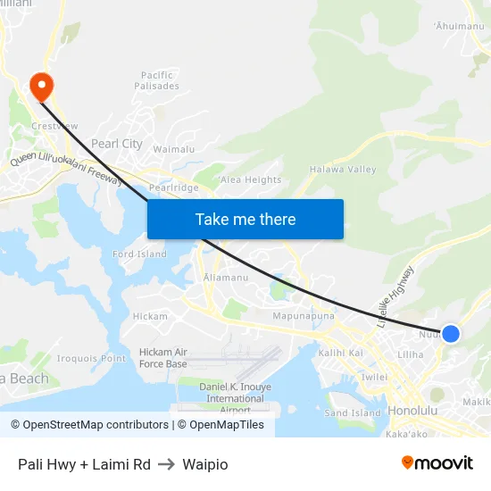 Pali Hwy + Laimi Rd to Waipio map