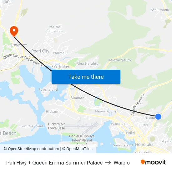 Pali Hwy + Queen Emma Summer Palace to Waipio map