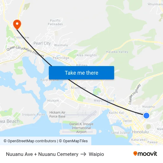 Nuuanu Ave + Nuuanu Cemetery to Waipio map