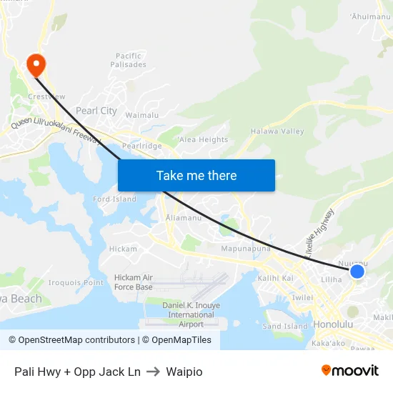 Pali Hwy + Opp Jack Ln to Waipio map
