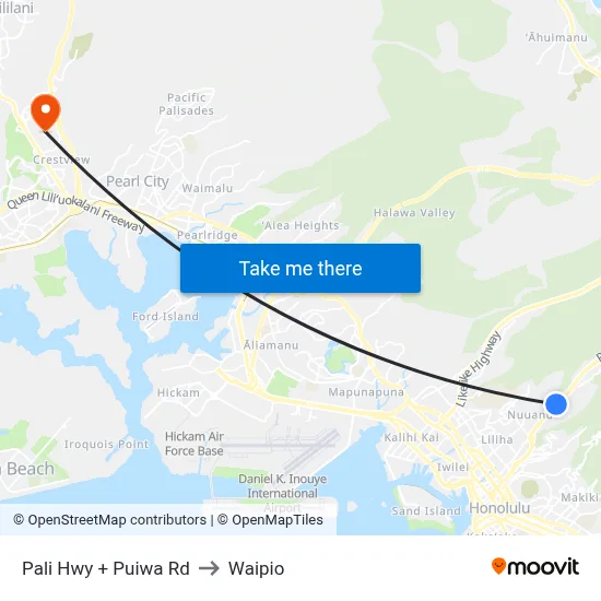 Pali Hwy + Puiwa Rd to Waipio map