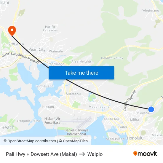 Pali Hwy + Dowsett Ave (Makai) to Waipio map