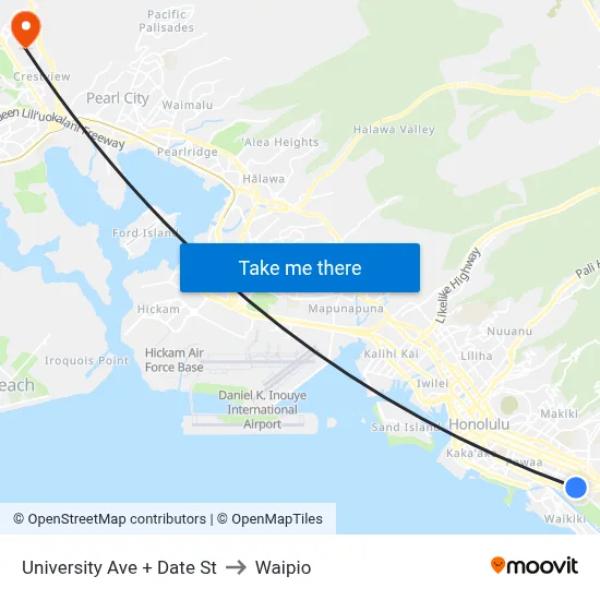 University Ave + Date St to Waipio map