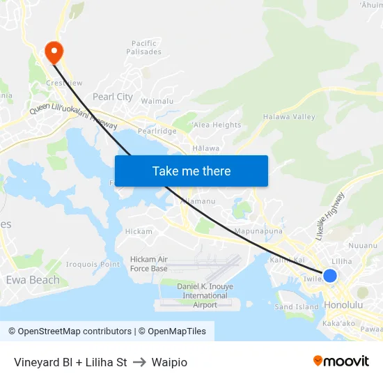 Vineyard Bl + Liliha St to Waipio map