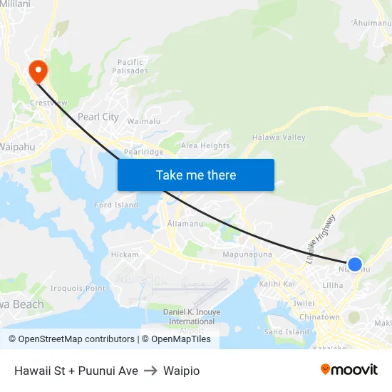 Hawaii St + Puunui Ave to Waipio map