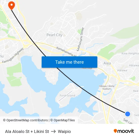 Ala Aloalo St + Likini St to Waipio map