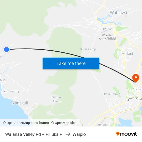 Waianae Valley Rd + Piliuka Pl to Waipio map