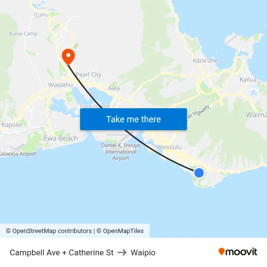 Campbell Ave + Catherine St to Waipio map