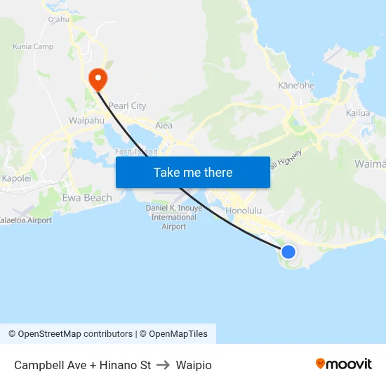 Campbell Ave + Hinano St to Waipio map