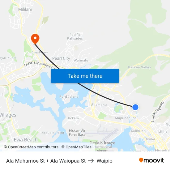 Ala Mahamoe St + Ala Waiopua St to Waipio map