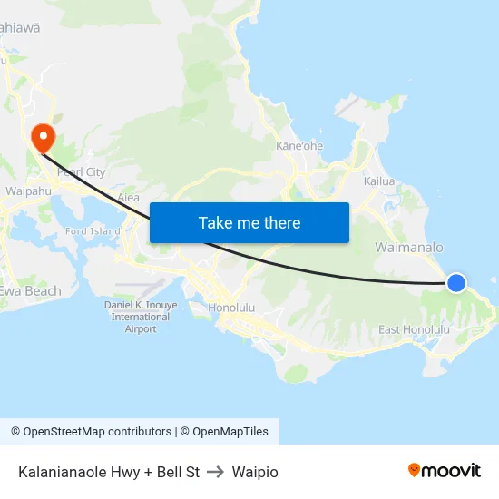 Kalanianaole Hwy + Bell St to Waipio map
