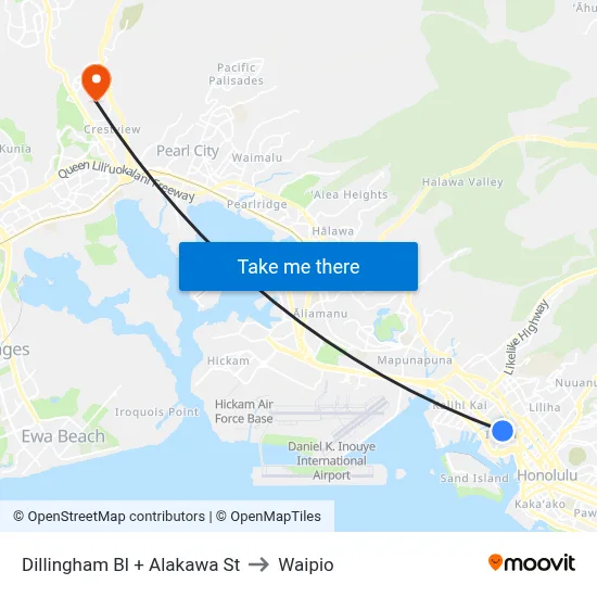 Dillingham Bl + Alakawa St to Waipio map