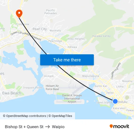 Bishop St + Queen St to Waipio map