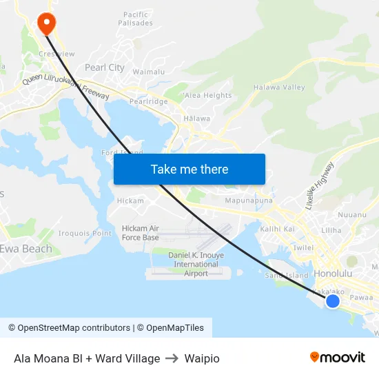 Ala Moana Bl + Ward Village to Waipio map