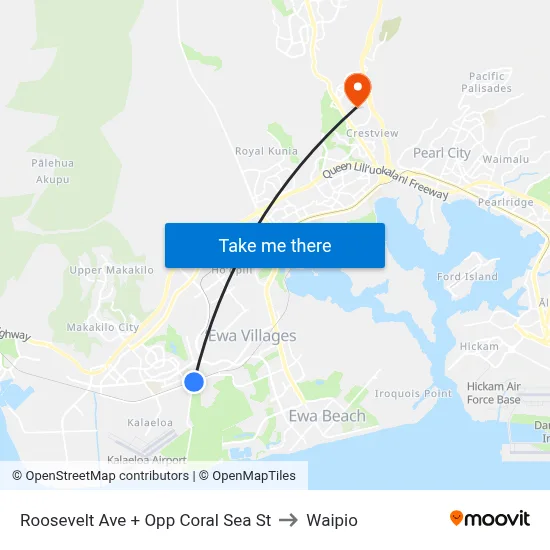 Roosevelt Ave + Opp Coral Sea St to Waipio map